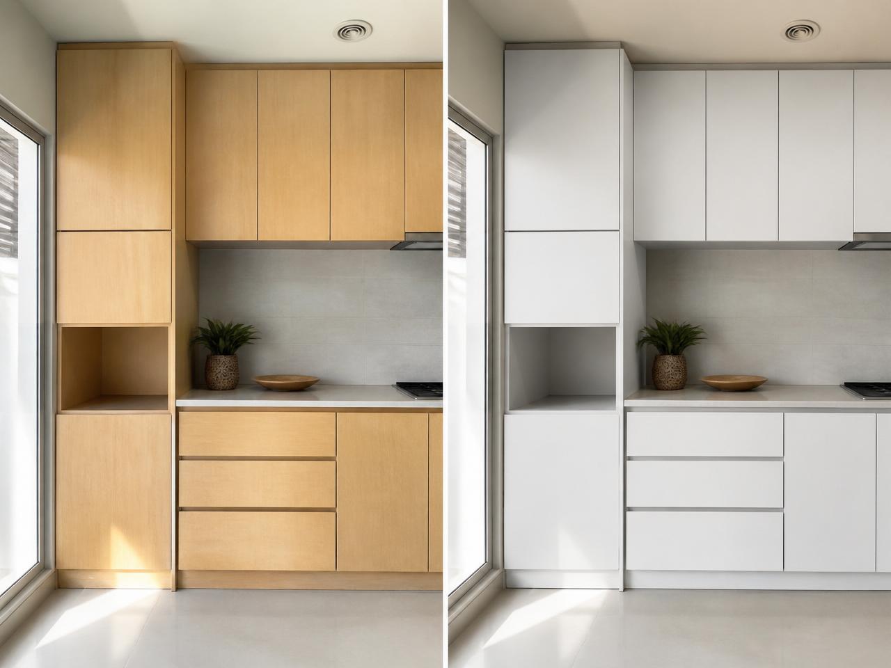 Antes e depois de cozinha planejada envelopada
