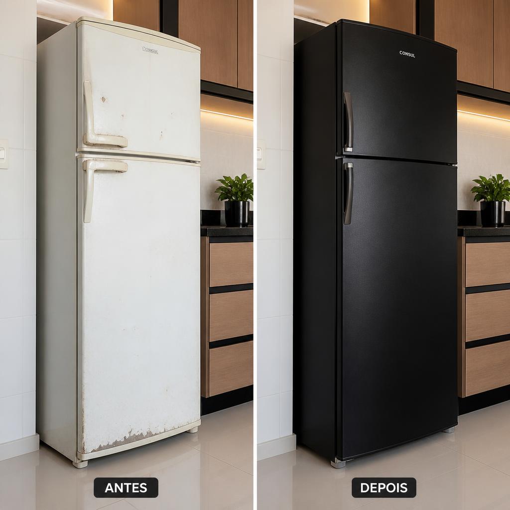 Antes e depois de geladeira envelopada em preto matte